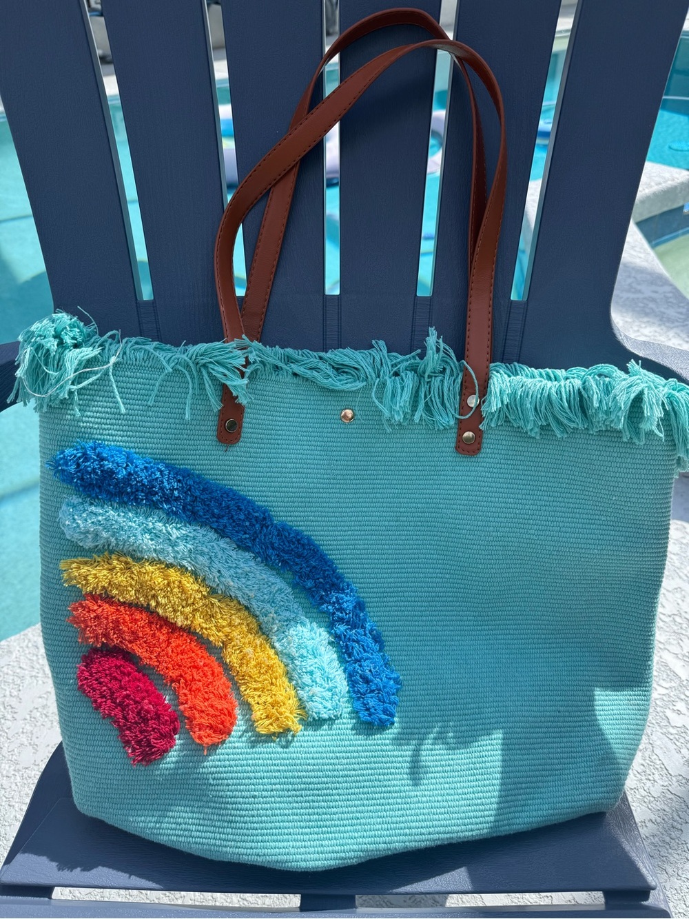 Turquoise Rainbow Tote Bag with Brown Handles